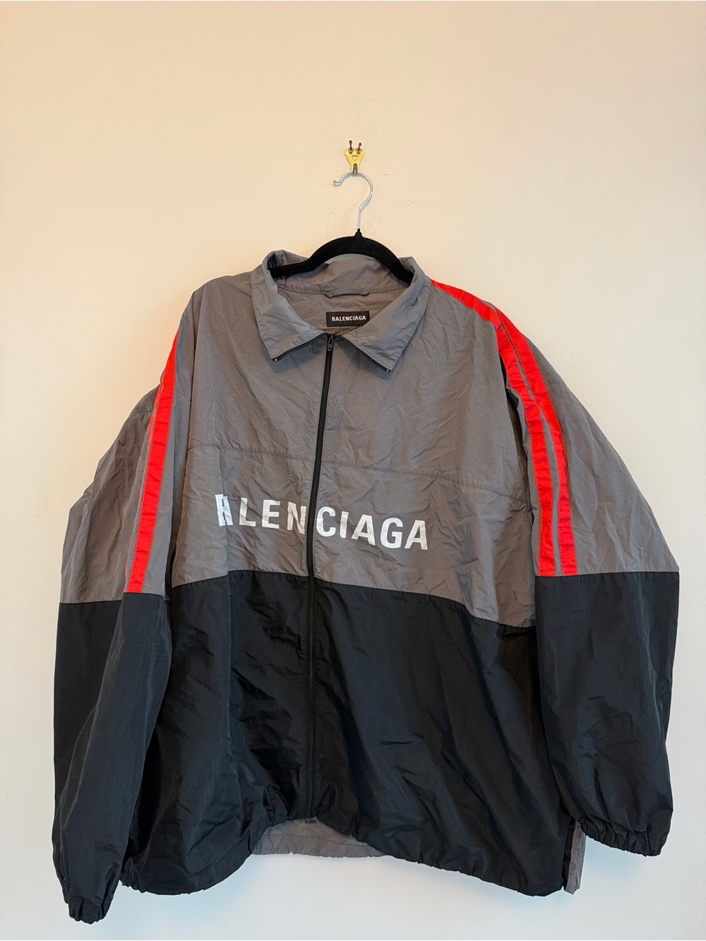 Balenciaga Gray, Black & Red Colorblock Windbreaker Jacket